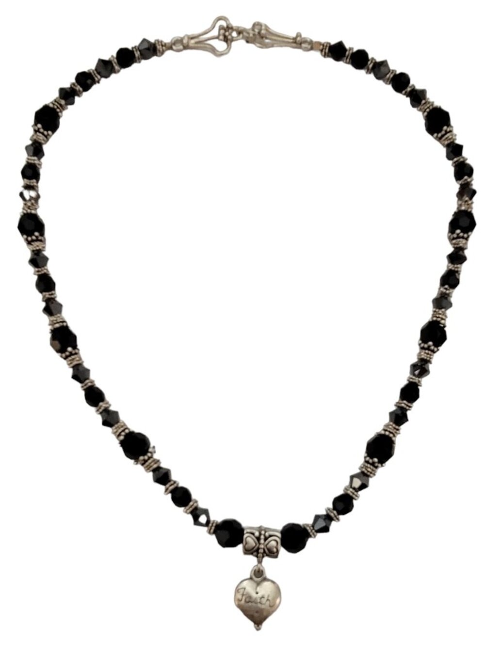 Sterling Silver Black Faceted Crystal Bead Heart Pendant Necklace, 17.5" L K719